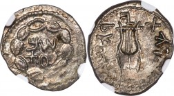 JUDAEA. Bar Kokhba Revolt (AD 132-135). AR zuz (20mm, 3.23 gm, 1h). NGC MS 4/5 - 4/5, overstruck. Undated issue of Year 3 (AD 134/5). Simon (Paleo-Heb...