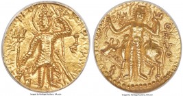 INDIA. Kushan Empire. Vasudeva II (ca. AD 290-310). AV dinar (23mm, 12h). ANACS AU55. Main mint, Mathura/Gandhara. ÞAONANOÞAO BA-ZOΔHO KOÞANO, Vasudev...