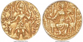 INDIA. Kushan Empire. Magra (ca. AD 300). AV dinar (19mm, 1h). ANACS AU58. Uncertain mint. ÞOONONO-KOOÞO, Magra standing facing, nimbate head left, we...