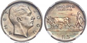 Zog I silver Prova 5 Franga Ari 1926-R MS65 NGC, Rome mint, KM-Pr8, Pag-803. No star variety. The halcyon pastoral scene on this popular Prova type pa...