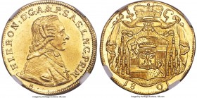 Salzburg. Hieronymus gold Ducat 1801-M MS63 NGC, Salzburg mint, KM463, Fr-880. Darkened gold coloration with crisp detailing over the designs and nota...