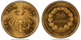 Republic gold 20 Kronen 1924 MS66 PCGS, Vienna mint, KM2830, Fr-519. Satiny, cartwheeling luster with just a hint of Prooflike reflectivity. A brillia...