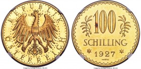 Republic gold Prooflike 100 Schilling 1927 PL65 NGC, KM2842. Lightly toned throughout, with underlying sharp reflectivity juxtaposed against precisely...