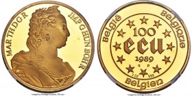 Baudouin gold Proof Piefort "Maria Theresa" 100 Ecu (2 oz) 1989 PR69 Ultra Cameo NGC, KM-P12. A commemorative issue struck in .999 fine gold, from a m...