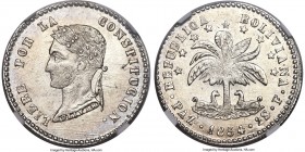 Republic 2 Soles 1854 PAZ-F MS65 NGC, La Paz mint, KM126, Y-19. A scarce type struck in La Paz with a Potosi-style portrait, and by far the finest exa...