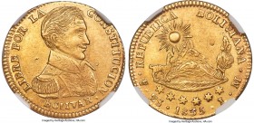 Republic gold 2 Scudos 1835 PTS-LM AU58 NGC, Potosi mint, KM101, Fr-23. A distinctly scarce two-year type featuring the imposing bust of Simón Bolívar...