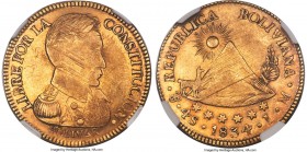 Republic gold 4 Scudos 1834 PTS-LM AU55 NGC, Potosi mint, KM102, Fr-22, Onza-1580. An exceedingly elusive one-year issue, the first of its kind we hav...