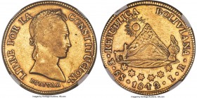 Republic gold 8 Scudos 1842 PTS-LR AU50 NGC, KM108.2, Fr-26. Light weakness to the central obverse face and a pair of adjustment marks upon the revers...