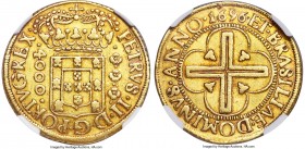 Pedro II gold 4000 Reis 1696-(B) XF45 NGC, Bahia mint, KM89, LMB-24. A highly appealing example of this earlier issue featuring deep brass-gold cabine...