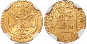 João V gold 400 Reis 1725-M XF Details (Scratches) NGC, Minas Gerais mint, KM118, LMB-230. A very scarce type representing one of only a small handful...