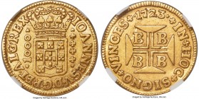 João V gold 1000 Reis 1723-B AU50 NGC, Bahia mint, KM104, LMB-49. A scarcer issue which only rarely comes to auction, and seemingly undervalued in Liv...