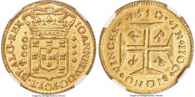 João V gold 4000 Reis 1710-R UNC Details (Cleaned) NGC, Rio de Janeiro mint, KM102, LMB-162. Struck with needle sharpness to the legends and the major...
