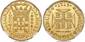João V gold 4000 Reis 1719-B UNC Details (Environmental Damage) NGC, Bahia mint, KM106, Fr-30, LMB-65. A lovely and certainly storied example displayi...