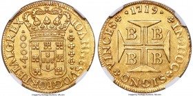 João V gold 4000 Reis 1719-B AU58 NGC, Bahia mint, KM106, Fr-30, LMB-65. Flashy golden fields speak to a decidedly near-mint quality, with the fields ...