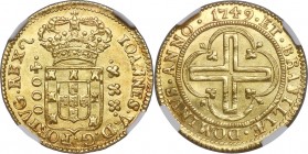 João V gold 4000 Reis 1749-(L) MS63+ NGC, Lisbon mint, KM164, LMB-292. A delightful choice specimen struck on a lemon gold planchet graced with abunda...