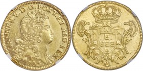 João V gold 6400 Reis 1735-R AU55 NGC, Rio de Janeiro mint, KM149, LMB-210. Slight lightness of strike is noted to the reverse shield motif, though th...