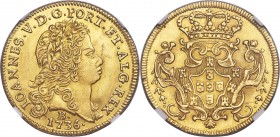 João V gold 6400 Reis 1736-B AU Details (Cleaned) NGC, Bahia mint, KM151, LMB-136. Uniformly and seemingly fully struck, any minor loss of detail pres...