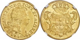 João V gold 6400 Reis 1740-R AU Details (Environmental Damage) NGC, Rio de Janeiro mint, KM149, LMB-215. Lightly circulated, with a characteristically...