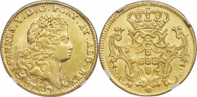 João V gold 6400 Reis 1740/30-B XF Details (Cleaned) NGC, Bahia mint, KM151, LMB-140. An elusive overdate variety - the first of its kind that we have...