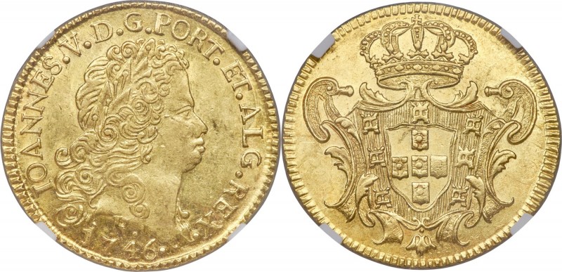 João V gold 6400 Reis 1746-R AU55 NGC, Rio de Janeiro mint, KM149, LMB-221. Ligh...