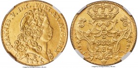 João V gold 6400 Reis 1746-B AU Details (Tooled) NGC, Bahia mint, KM151, LMB-146. Satiny and richly toned in aged gold color, any signs of tooling to ...