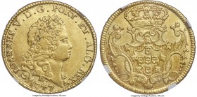 João V gold 6400 Reis 1747-B XF Details (Cleaned) NGC, Bahia mint, KM151, LMB-147. A well-defined offering whose central features are bordered by impo...