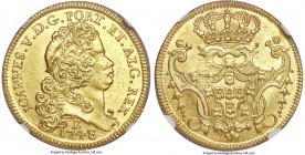João V gold 6400 Reis 1748-B AU Details (Cleaned) NGC, Bahia mint, KM151, LMB-148. Struck with highly rusted dies, leaving a dramatic surface texturin...