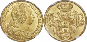 Jose I gold 6400 Reis 1758-B MS61 NGC, Bahia mint, KM172.1, Fr-69, LMB-388. Fluid golden luster rolls over the fields of this undeniably Mint State sp...