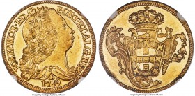 Jose I gold 6400 Reis 1759-B MS61 NGC, Bahia mint, KM172.1, LMB-389. Featuring sharply outlined devices, the struck features placed in a sea of surrou...