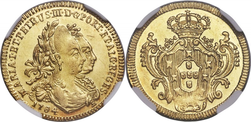 Maria I & Pedro III gold 1600 Reis 1784-B MS61 NGC, Bahia mint, KM211, LMB-474. ...