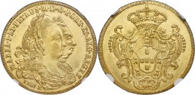 Maria I & Pedro III gold 6400 Reis 1781-B MS62 NGC, Bahia mint, KM199.1, LMB-486. Despite some lightness of strike noted to the central features, this...