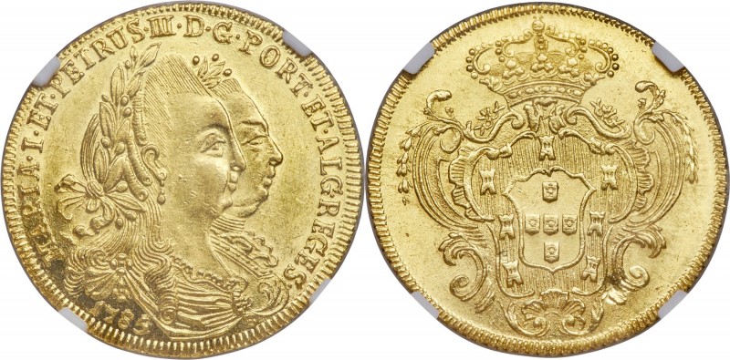 Maria I & Pedro III gold 6400 Reis 1785-B MS61 NGC, Bahia mint, KM199.1, LMB-490...