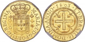 Maria I gold 4000 Reis 1803/1-(B) MS61 NGC, Bahia mint, KM225.2, LMB-501. Mintage: 7,087. A sharp selection bathed in shimmering golden luster of a di...