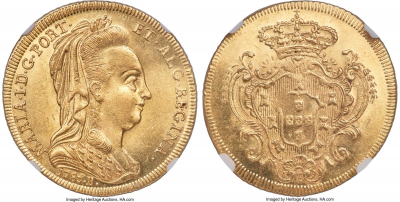 Maria I gold 6400 Reis 1787/6-B UNC Details (Bent) NGC, Bahia mint, KM218.2, LMB...