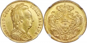 Maria I gold 6400 Reis 1788-B AU58 NGC, Bahia mint, KM218.2, LMB-505. Highly lustrous for an offering that has seen any degree of circulation wear, th...