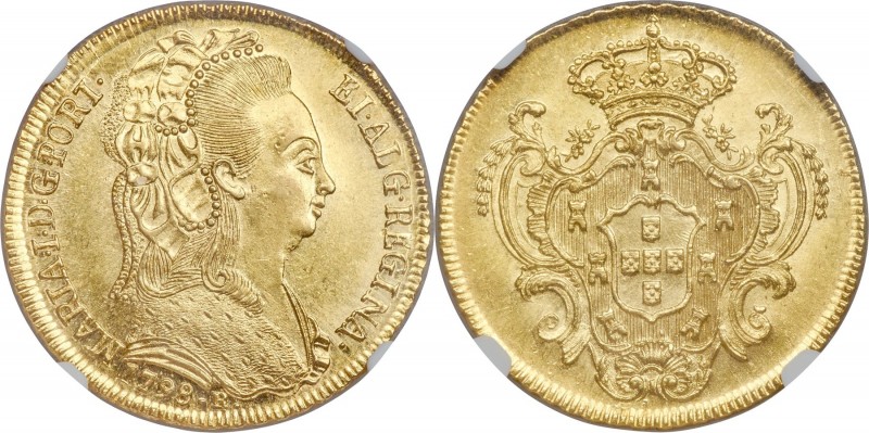 Maria I gold 6400 Reis 1798-R MS62 NGC, Rio de Janeiro mint, KM226.1, LMB-536. R...