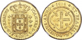 João Prince Regent gold 4000 Reis 1808-(R) MS63 NGC, Rio de Janeiro mint, KM235.2, LMB-568. A butter-yellow, choice representative featuring bright go...