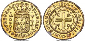 João Prince Regent gold 4000 Reis 1814-(R) MS64+ NGC, Rio de Janeiro mint, KM235.2, LMB-574. A glittering example teetering on the cusp of gem, its ad...