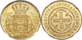 João VI gold 4000 Reis 1818-(R) MS64 NGC, Rio de Janeiro mint, KM327.1, LMB-582. A highly lustrous representative of a lovely golden wheat color, bear...