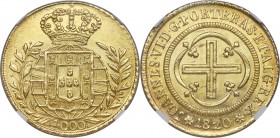 João VI gold 4000 Reis 1820-(R) MS63 NGC, Rio de Janeiro mint, KM327.1, LMB-584. Struck to admirable clarity of design, the sharp features bathed in w...