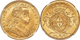 João Prince Regent gold 6400 Reis 1808/7-R MS61 NGC, Rio de Janeiro mint, KM236.1, cf. LMB-558 (overdate unlisted). Creamy original surfaces with subd...