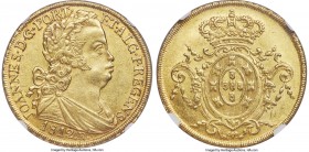 João Prince Regent gold 6400 Reis 1812-R MS62 NGC, Rio de Janeiro mint, KM236.1. LMB-562. With relatively few marks exhibited upon the surfaces, and a...