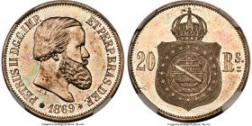 Pedro II copper-nickel Pattern 20 Reis 1869 MS63 NGC, KM-Pn135, LMB-E054, Bentes-E49.05 (R2). A highly visually appealing selection of this elusive Br...