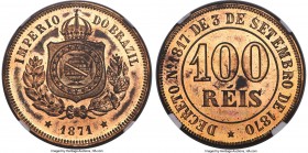 Pedro II bronze Pattern 100 Reis 1871 MS65 Red and Brown NGC, KM-Pn145, Bentes-E43.05 (R2). A glowing specimen presenting ample, sharp detail over wel...