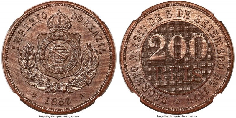 Pedro II wood Pattern 200 Reis 1886 MS65 NGC, KM-Pn160, Bentes-E40.06 (R1). A ge...