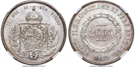Pedro II 2000 Reis 1859 AU55 NGC, Rio de Janeiro mint, KM466, LMB-621. An appealing offering displaying shimmering argent luster and only the most min...