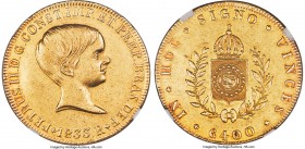 Pedro II gold 6400 Reis 1833-R AU50 NGC, Rio de Janeiro mint, KM387.1, LMB-614. A lustrous offering bearing warm crimson accents decorating the legend...