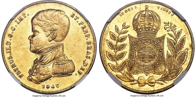 Pedro II gold 10000 Reis 1845 AU58 NGC, Rio de Janeiro mint, KM457, LMB-626. A m...