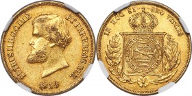 Pedro II gold 10000 Reis 1859 AU58 NGC, Rio de Janeiro mint, KM467, LMB-651. One of the two key dates, alongside the 1863, in this long-running series...