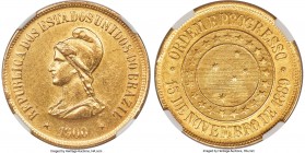 Republic gold 20000 Reis 1900 MS61 NGC, Rio de Janeiro mint, KM497, Fr-124, LMB-729. Scarce in Mint State, especially so in loftier grades, the exampl...